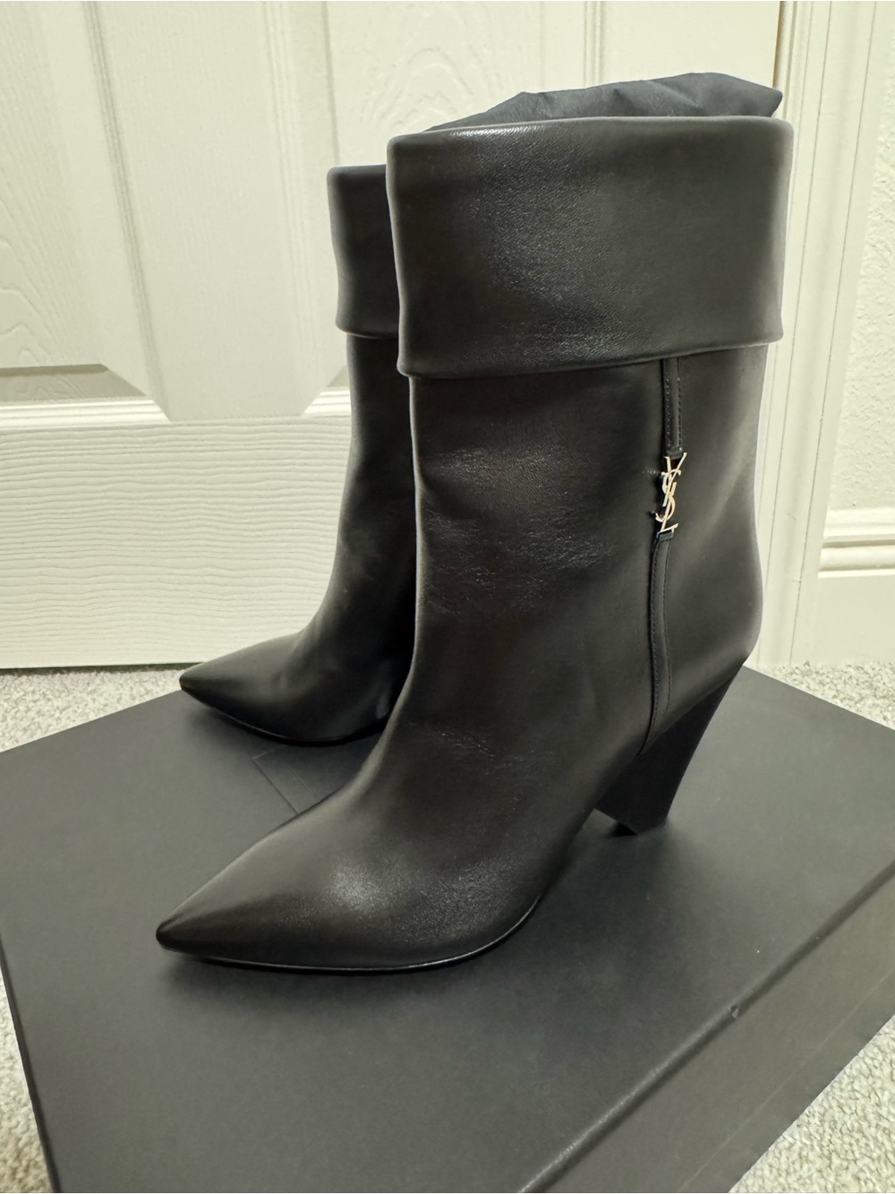 Saint Laurent Black Pointed-Toe Fold-Over Leather Mid-Calf Boots